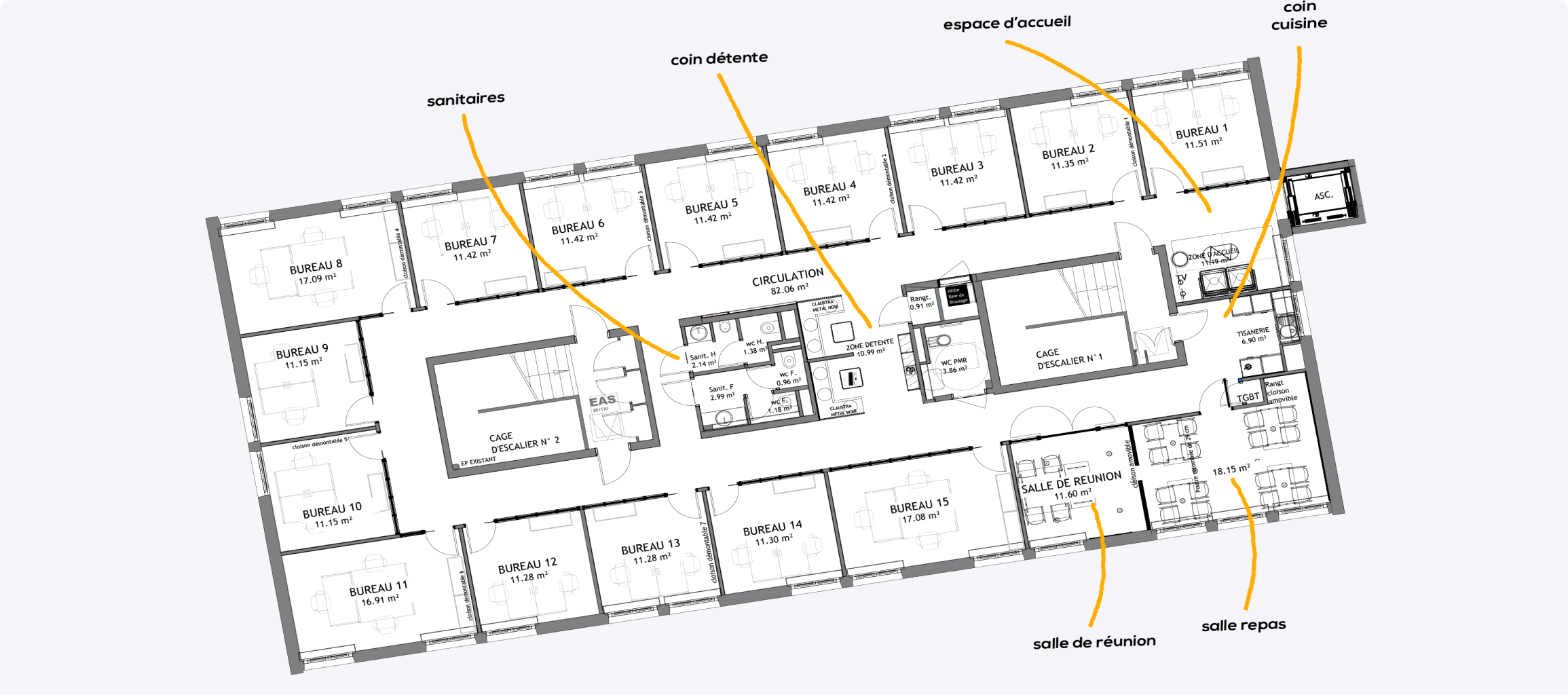 avant garde plan de répartition bureaux privatifs et espaces communs